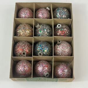 Vtg Decorated Shiny Brite Glitter Shard Glass Ornaments Set of 12 Mixed USA